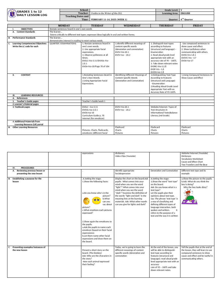 Grade 5 DLL English 5 Q4 Week 1 | PDF | Learning | Linguistics