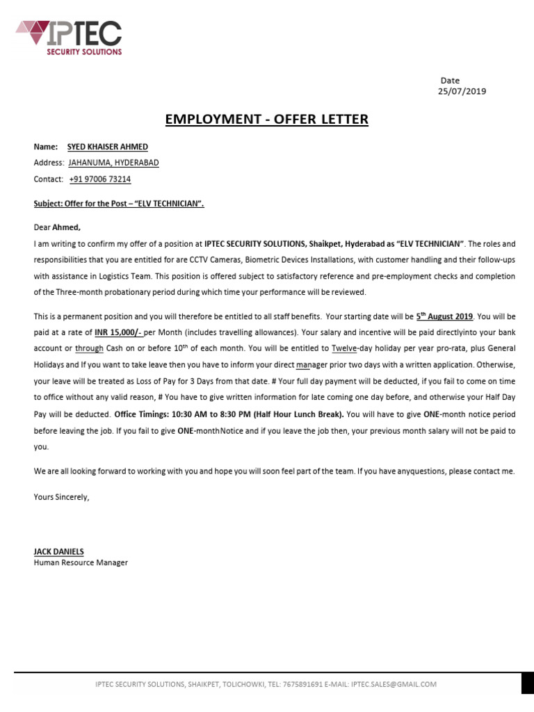 ELV Technician Job Offer Letter | PDF