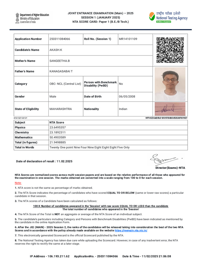 JEE Main 2025 Scorecard for Akash K. | PDF | Tests | Student Assessment ...