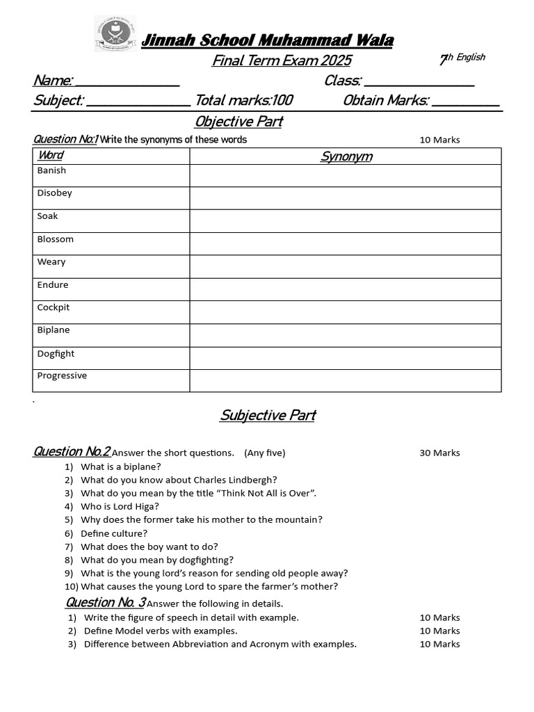 7th Grade English Exam 2025 Guide | PDF