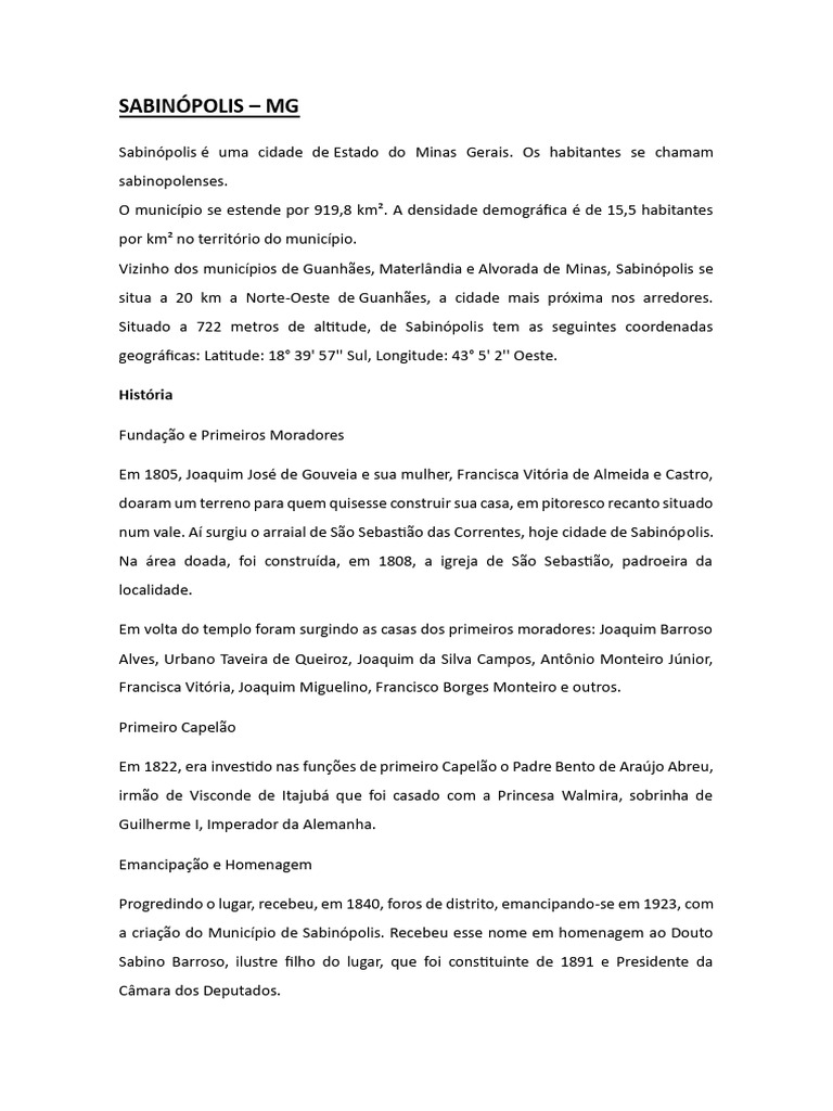 População e História de Sabinópolis MG | PDF