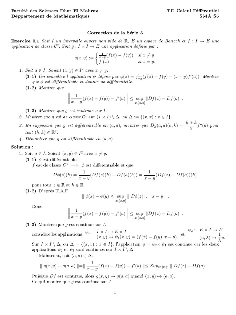 Correction TD Calcul Différentiel S5 | PDF | Mathématiques | Analyse ...