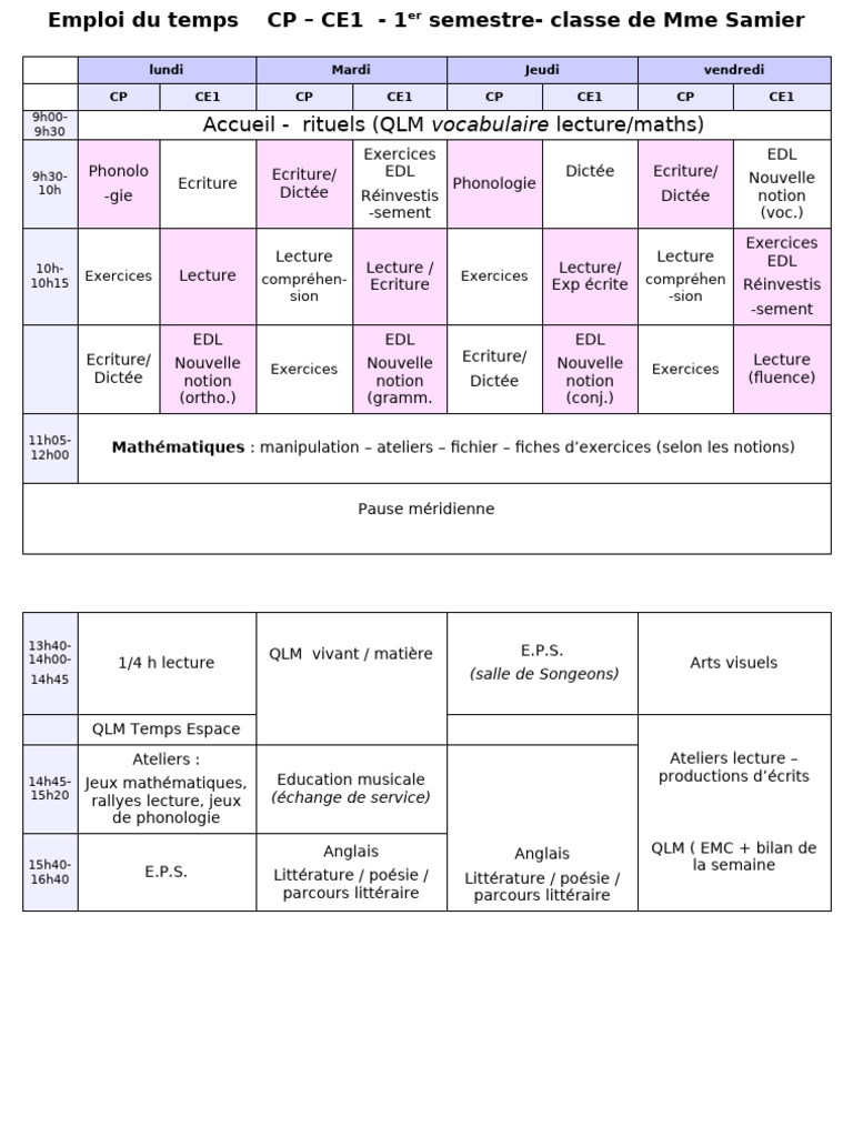 Emploi du temps CP-CE1 2025-2026 | PDF | la communication ...