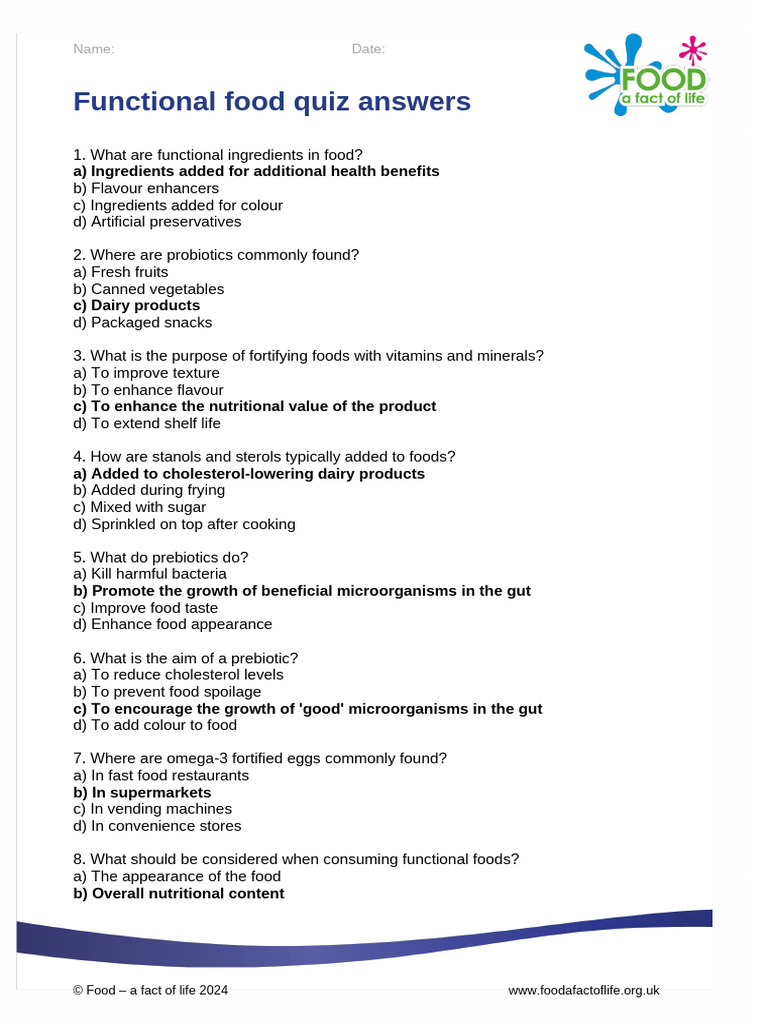Functional Food Quiz Answers Guide | PDF