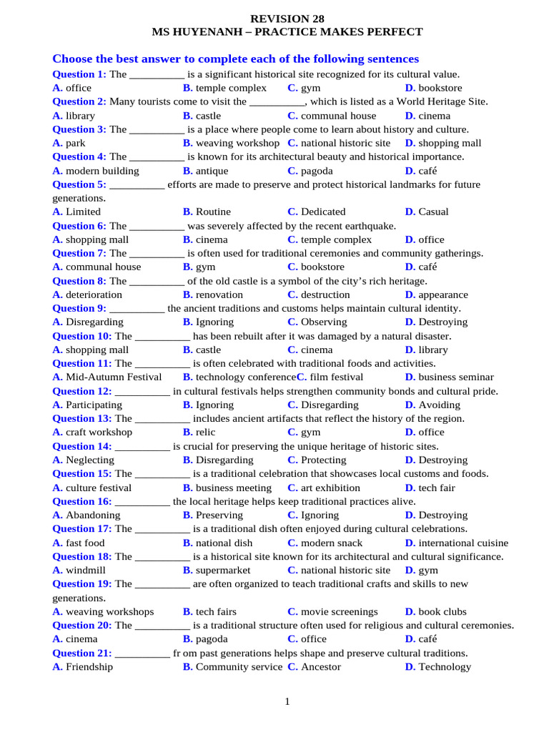 Cultural Heritage Quiz Questions | PDF