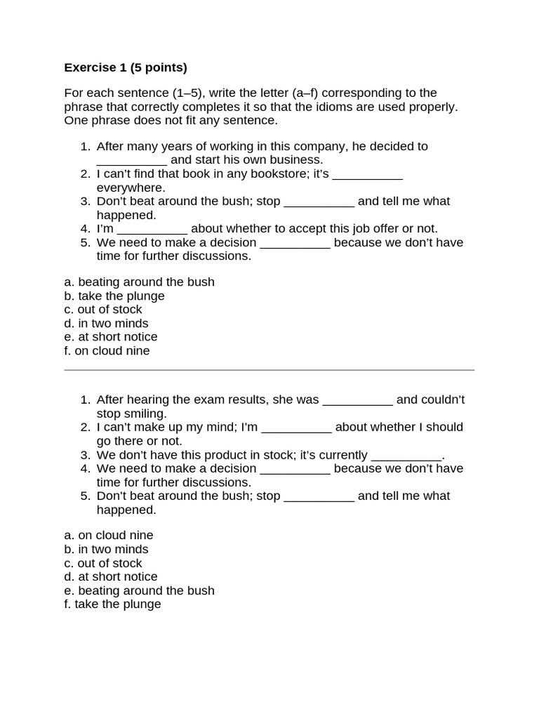 Idiom Exercises | PDF