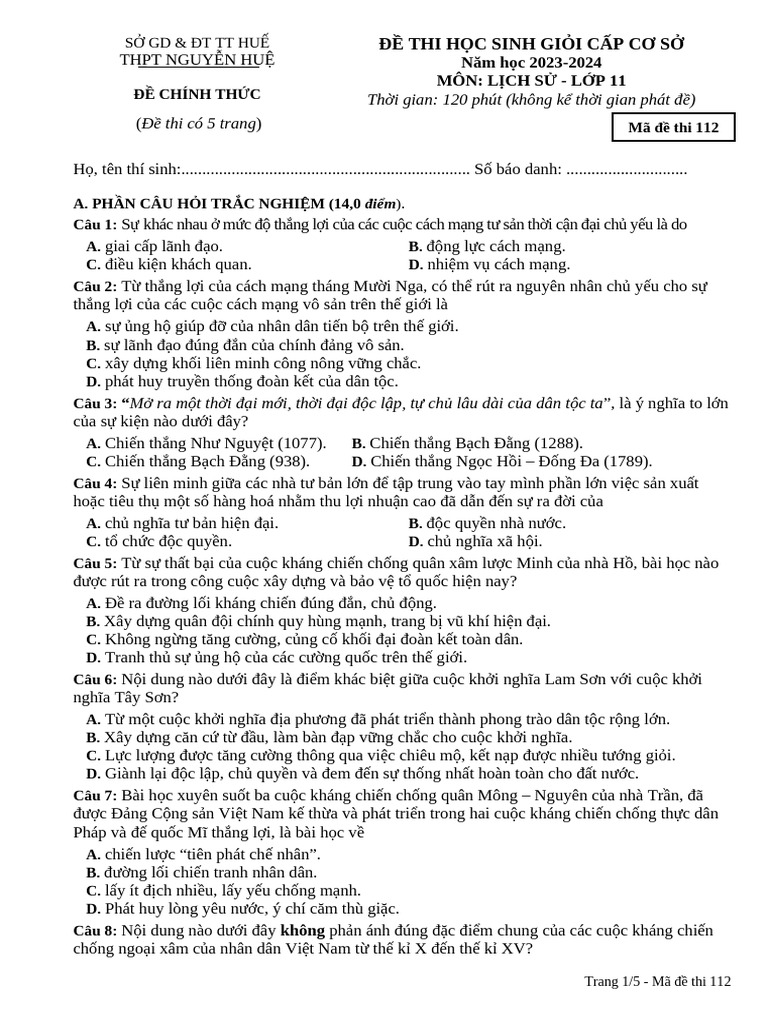 MÃ ĐỀ - 112 | PDF