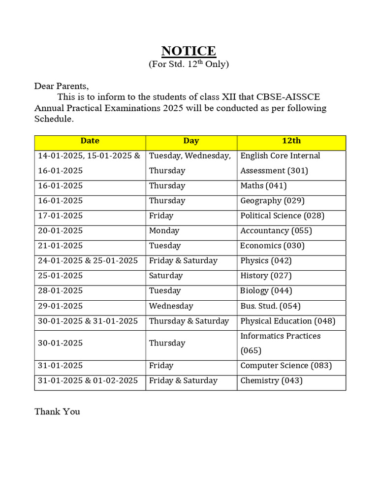 Std. 12th Practical Exam Time Table 2024-25 | PDF