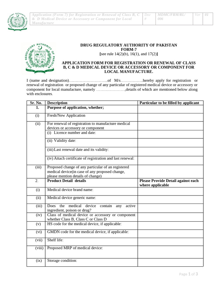 Form 7 Application for Medical Device License | PDF | Medical Device