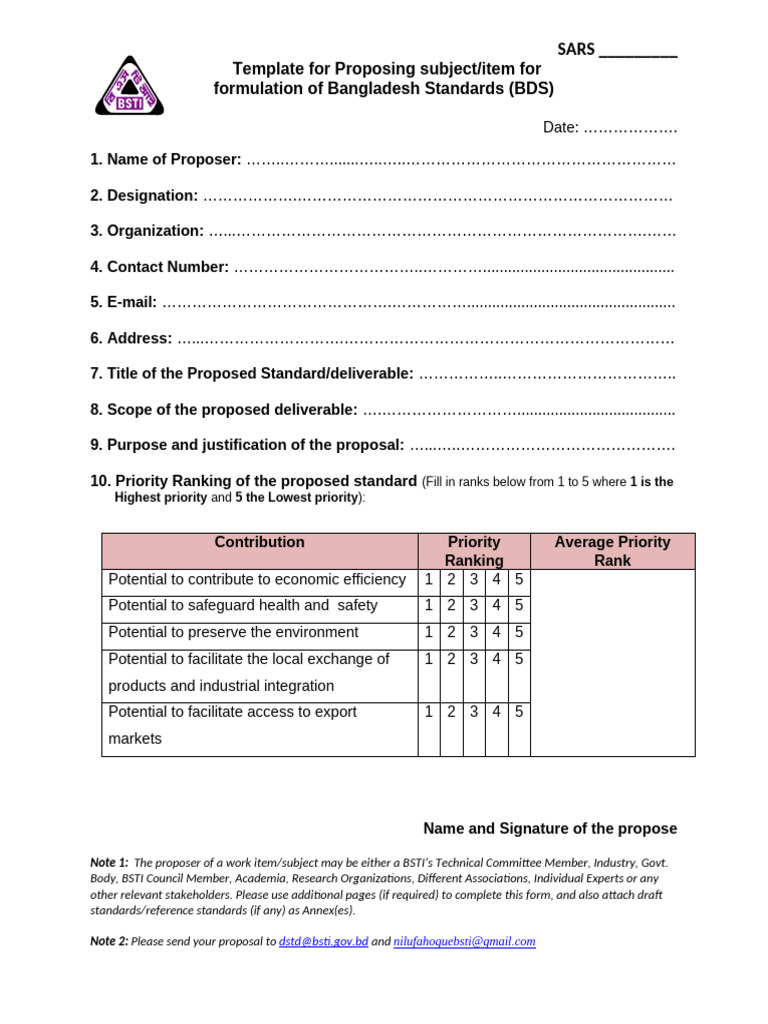 Form For Proposal For Formulation of BDS | PDF