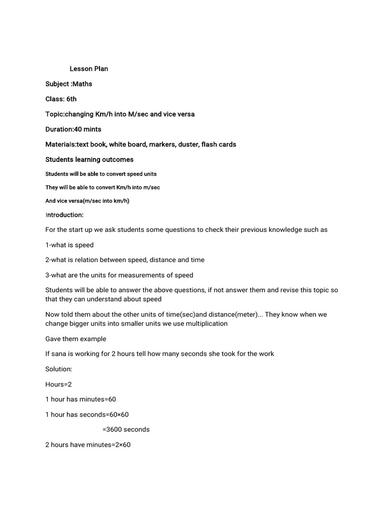 Speed Unit Conversion Lesson Plan | PDF