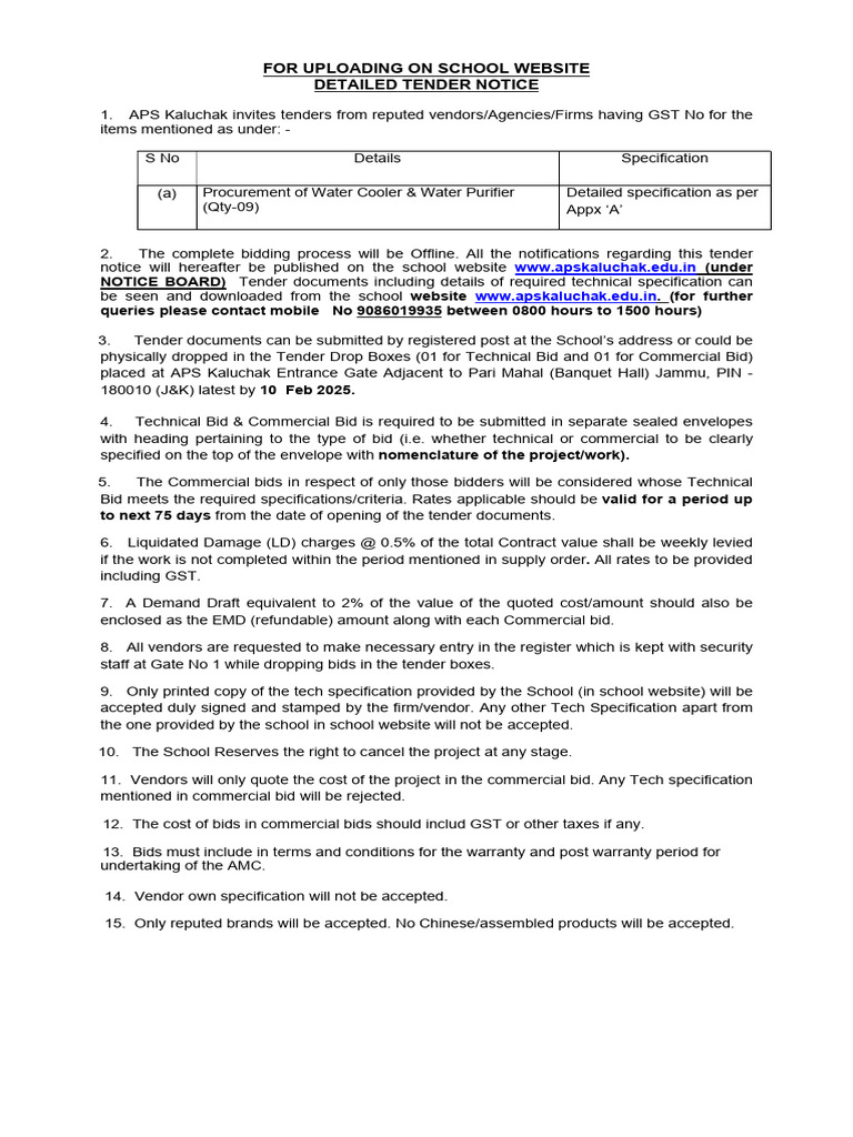 Tender Notice For Water Purifier | PDF | Specification (Technical Standard)