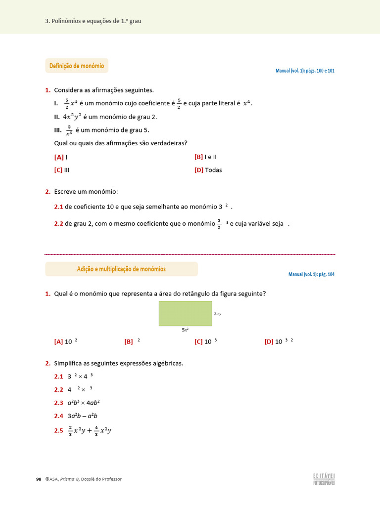 Exercícios sobre Monômios e Polinômios | PDF
