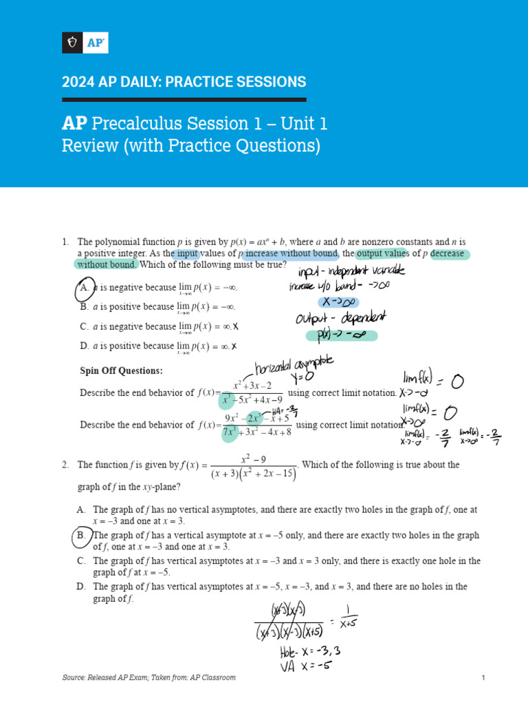 AP Precalculus Unit 1 Review Guide | PDF | Asymptote | Function ...