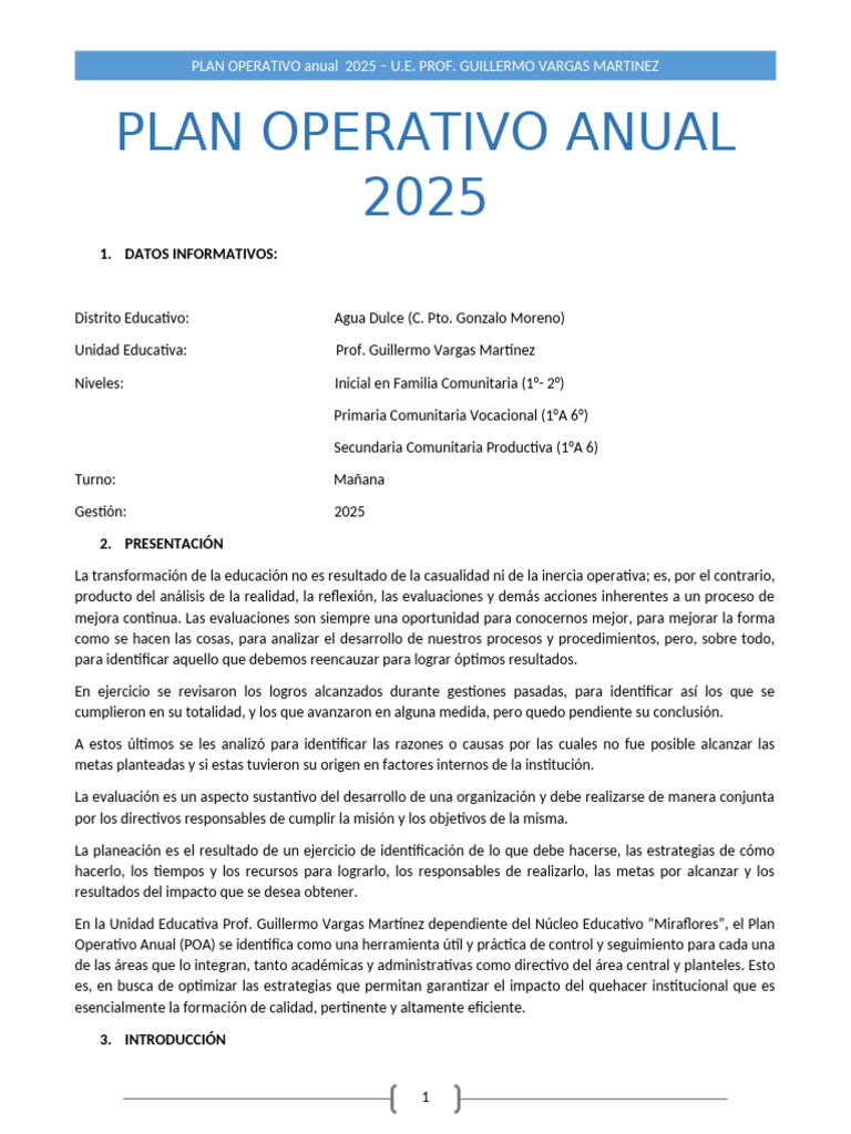 Plan Operativo Anual 2025 - U.E. Vargas Martínez | PDF | Educación de ...