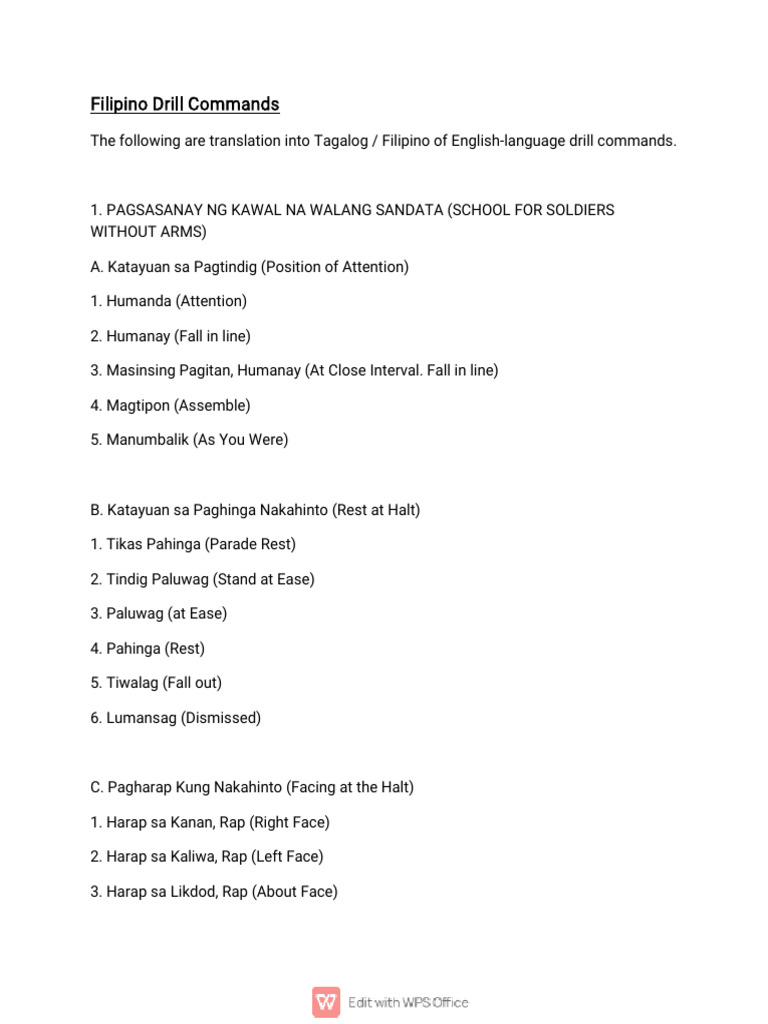 Filipino Military Drill Commands Guide | PDF | Military Life | Military