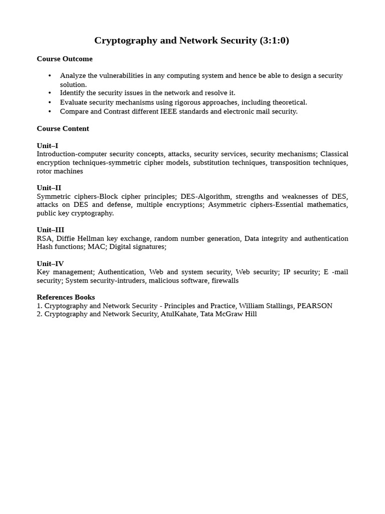 Cryptography and Network Security Course | PDF