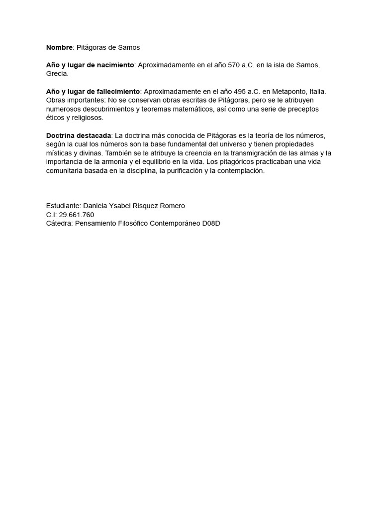 Ficha 1 - Pitágoras de Samos - Daniela Risquez PFC D08D | PDF