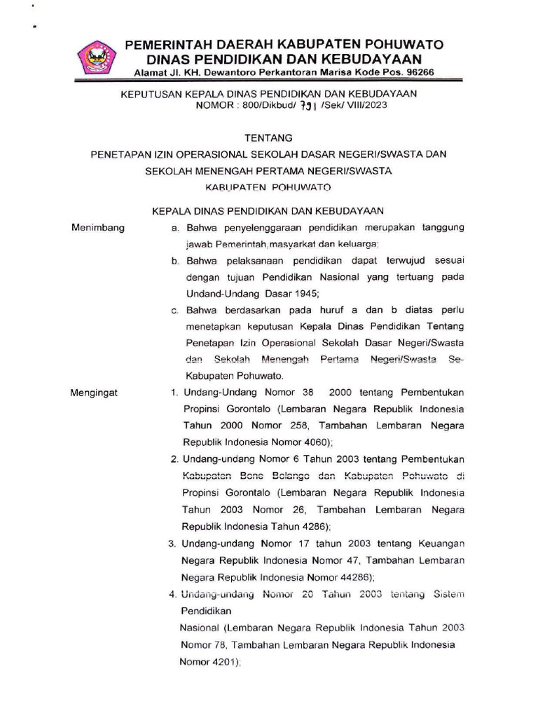 Sk Izin Operasional Sekolah Dikdas Pdf