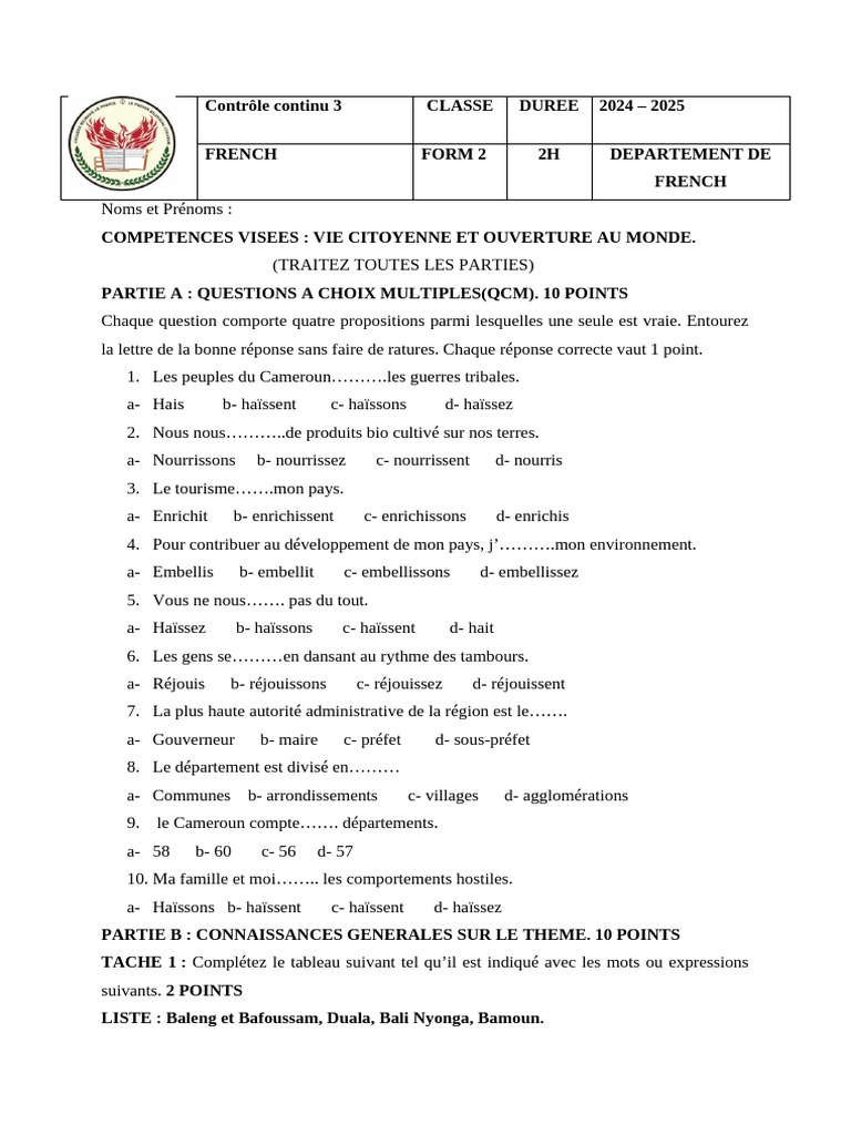 Épreuve de français Form 2 - 2024 | PDF | Feu de circulation | Transport
