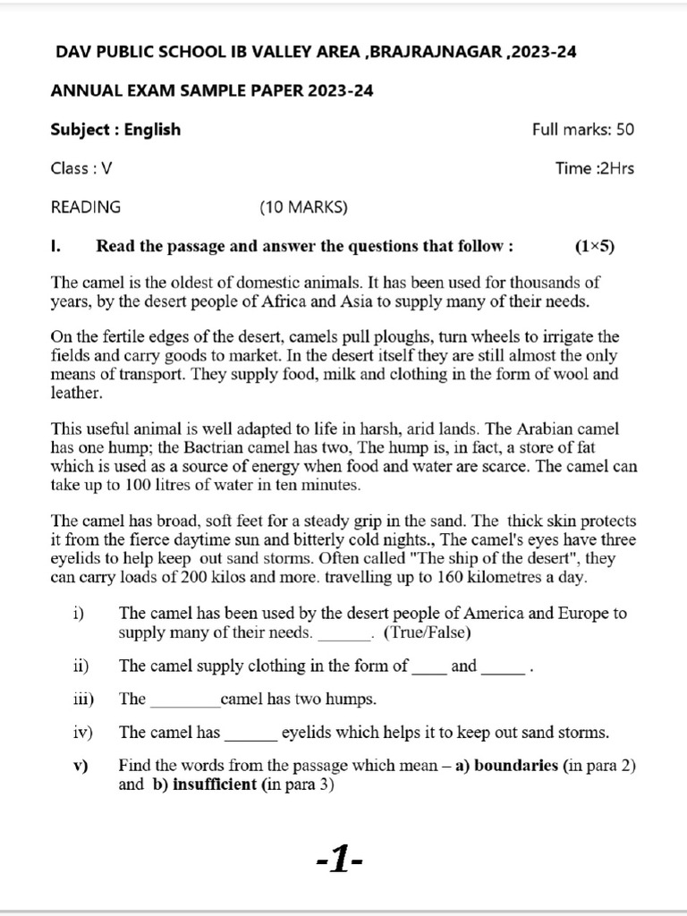 Class V Eng. Sample Paper 2023-24 | PDF
