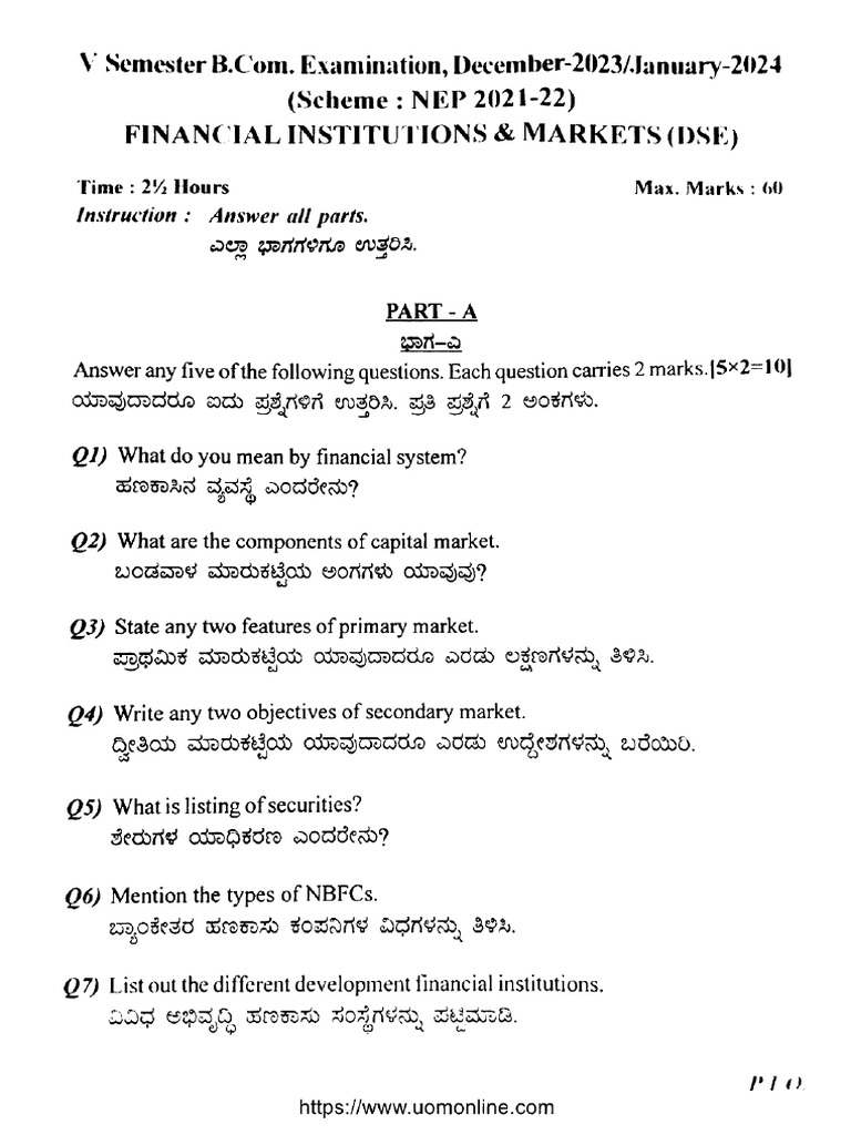 Bcom 5 Sem Financial Institutions and Markets MK 519 Jan 2024 | PDF