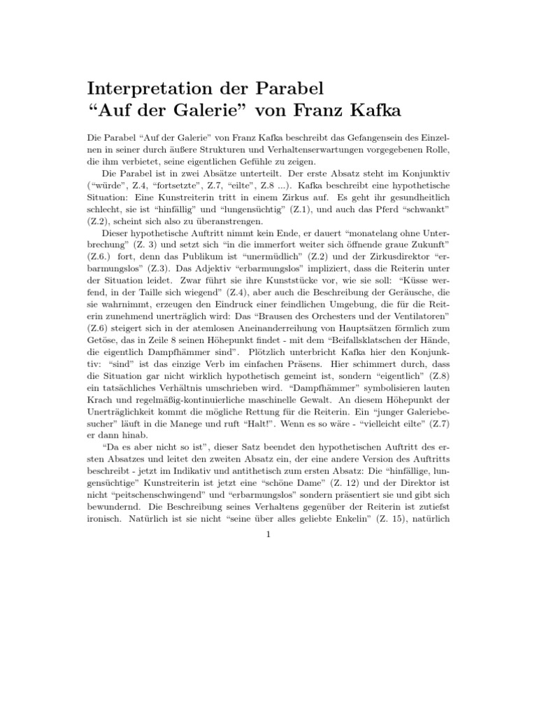 Interpretation Der Parabel Auf Der Galerie Von Franz Kafka