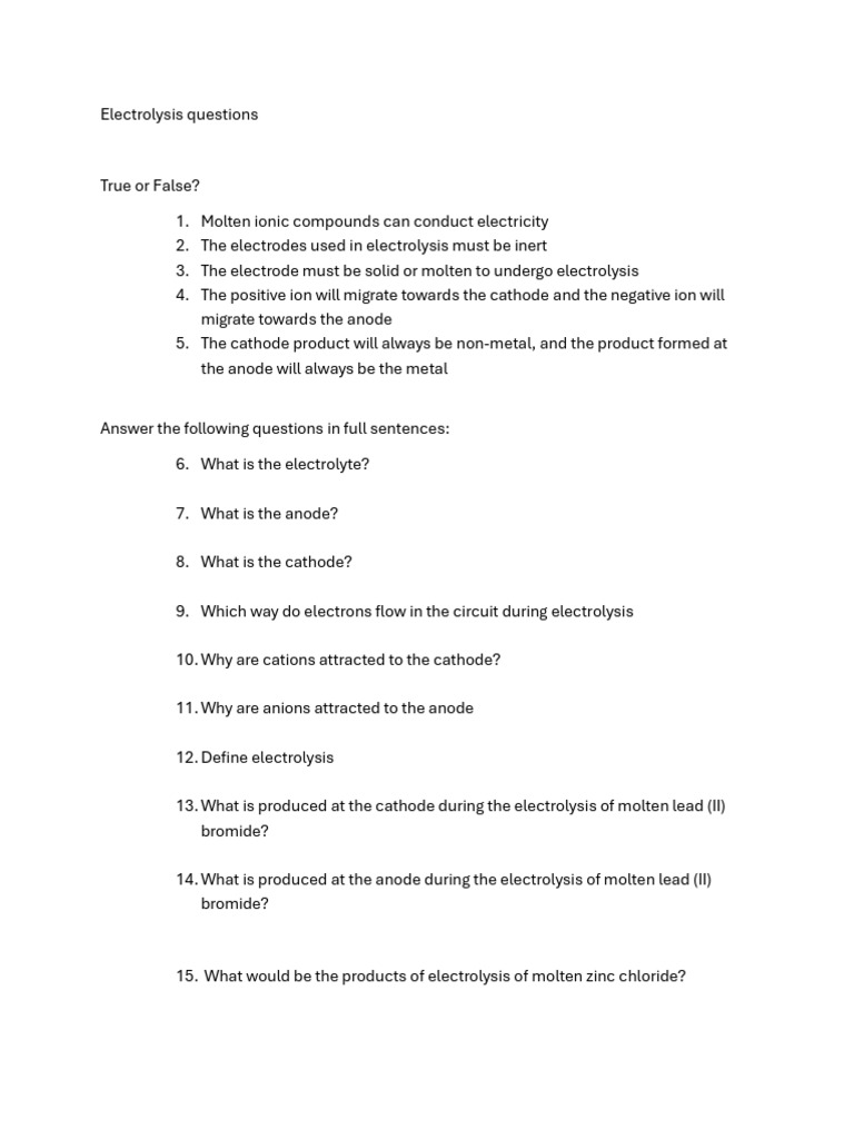 Electrolysis Practice Qs | PDF