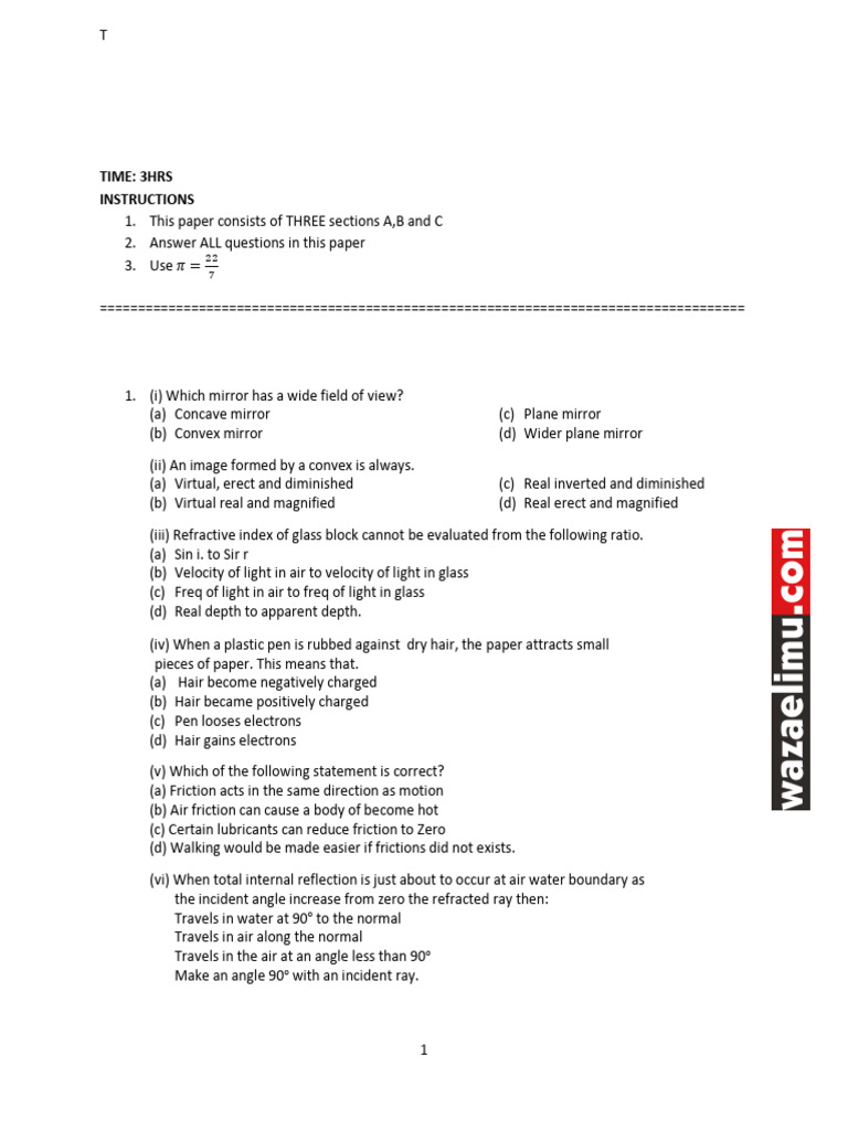 Physics Form III Terminal Exam 2024 | PDF | Force | Mirror