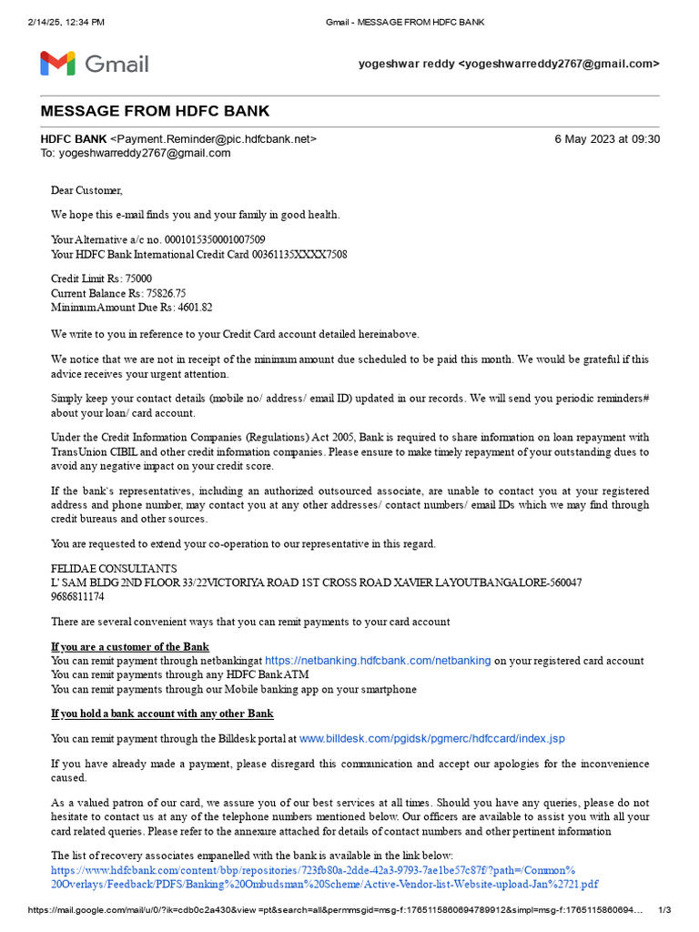 Gmail - MESSAGE FROM HDFC BANK | PDF | Credit Card | Credit