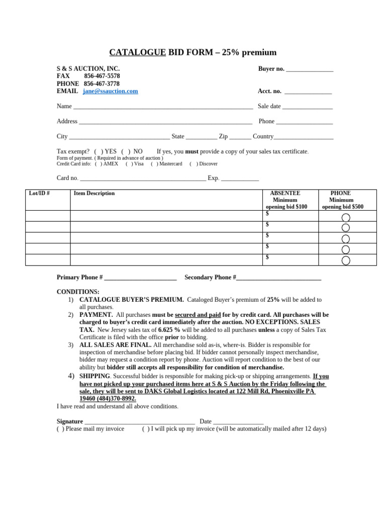 Catalogued Bid Form 2018 | PDF | Auction | Credit Card