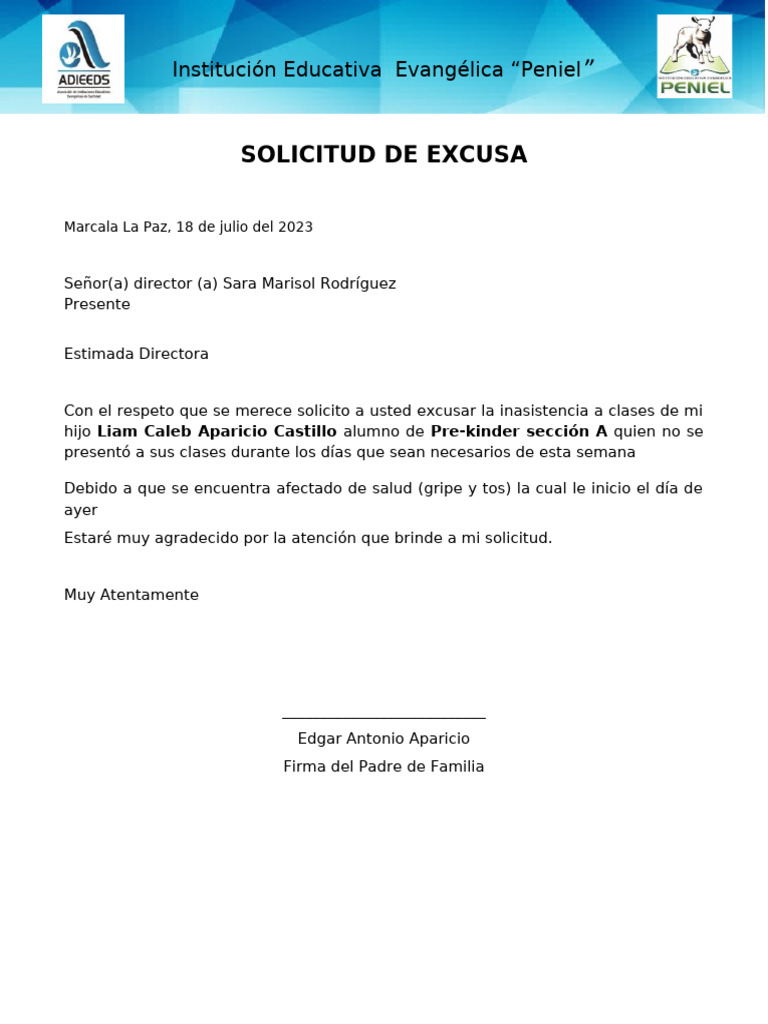 Solicitud de Excusa por Enfermedad Escolar | PDF