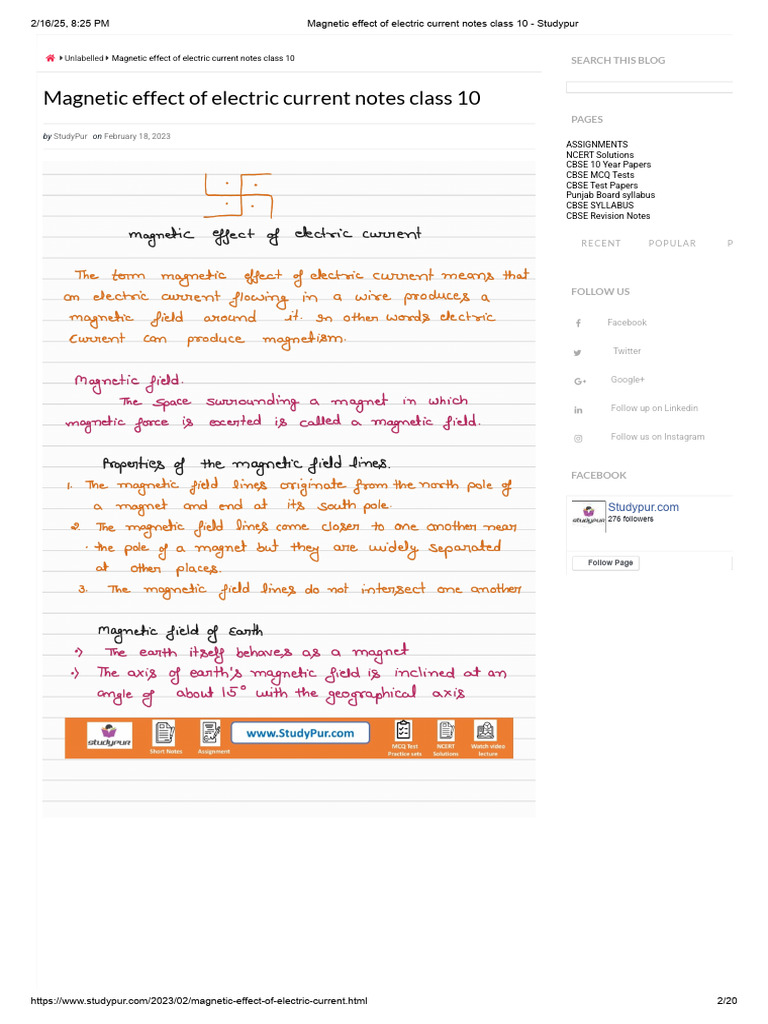 Magnetic Effect of Electric Current Notes Class 10 - Studypur | PDF ...