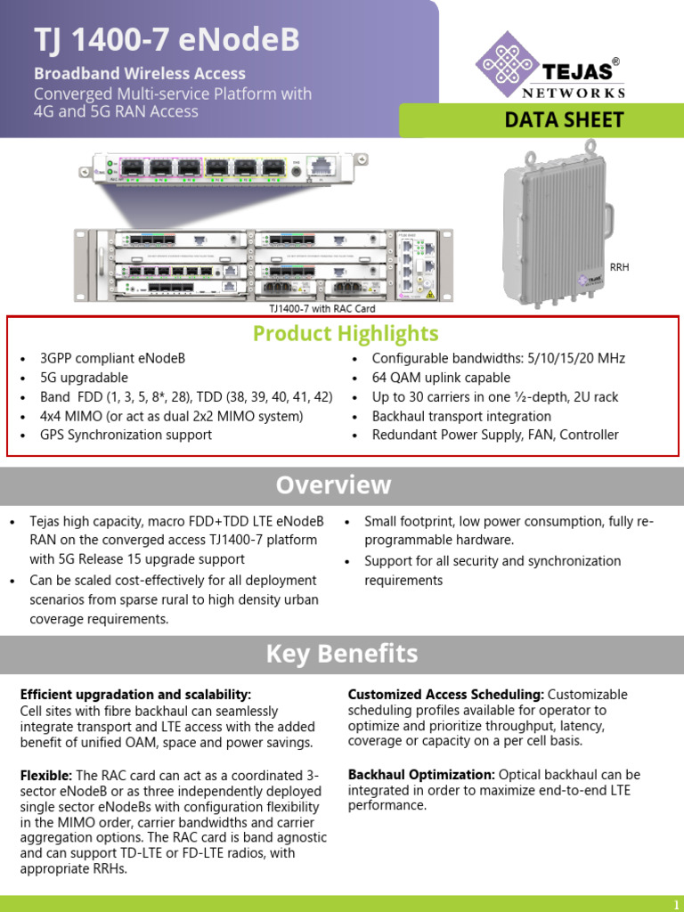 Tejas Networks TJ 1400-7 eNodeB Data Sheet | PDF | Lte ...