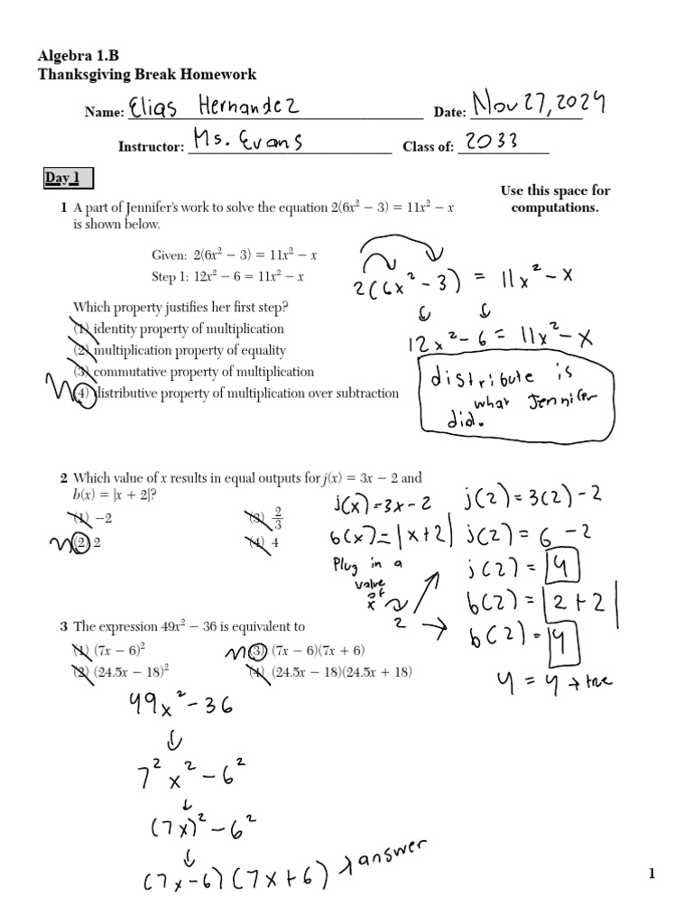Algebra 1.B Thanksgiving Break Homework | PDF | Function (Mathematics ...