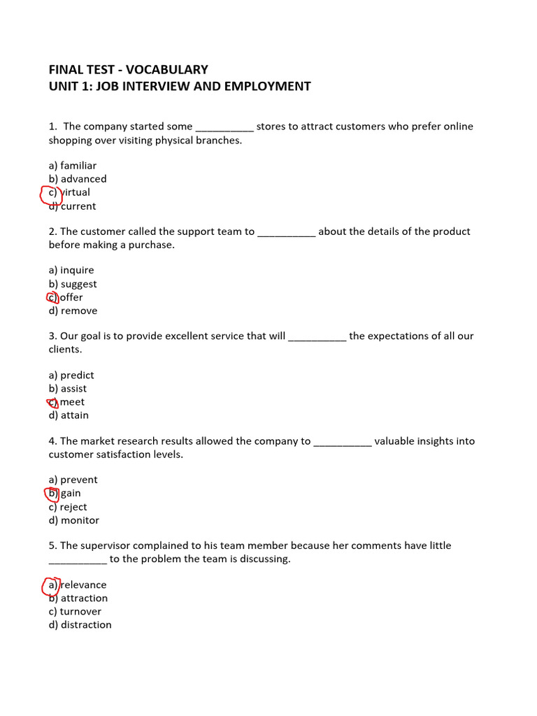 Vocabulary Test: Job Interviews & Employment | PDF | Employment | Marketing