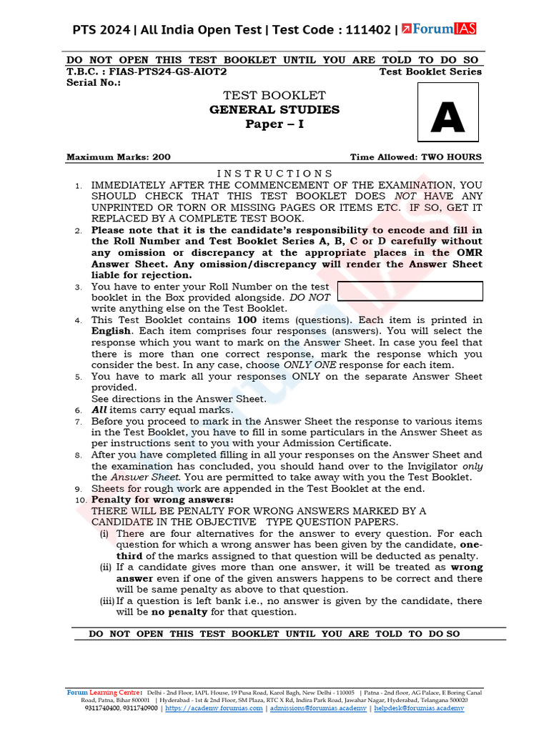 PTS 2024 All India Open Test QP | PDF | Moon | Government Budget Balance