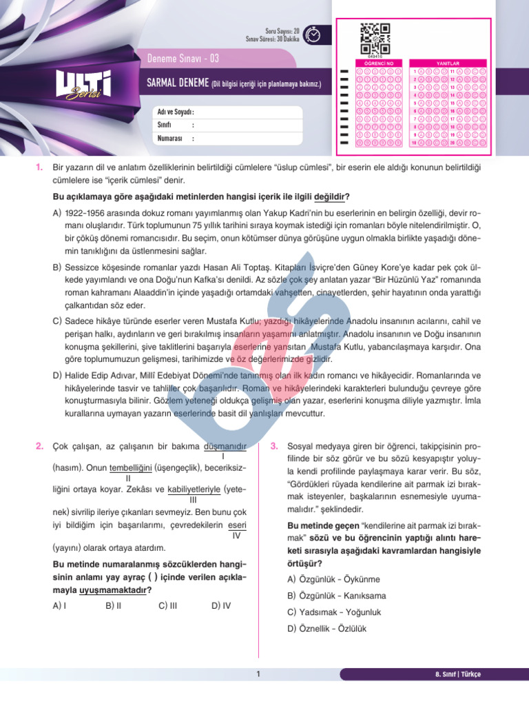 Sinif Ulti̇ Seri̇si̇ Türkçe Branş Denemeleri̇ | PDF