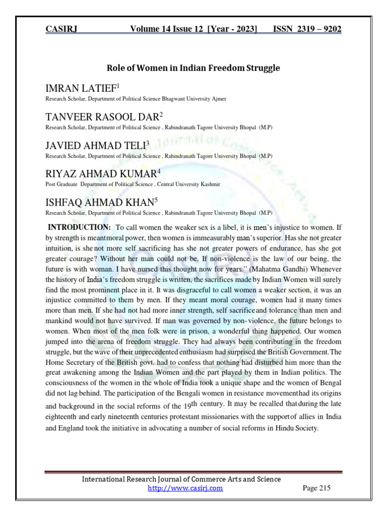 Women’s Role in Indian Freedom Struggle | PDF | Mahatma Gandhi ...