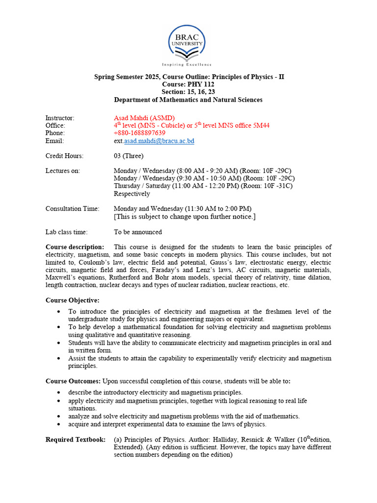 PHY 112 Course Outline Spring 2025 | PDF | Physics | Magnetism