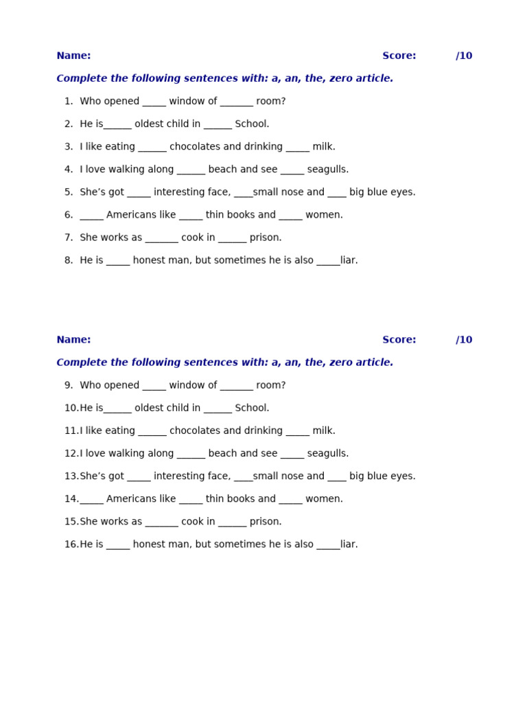 Zero Article Exercises for ESL Learners | PDF