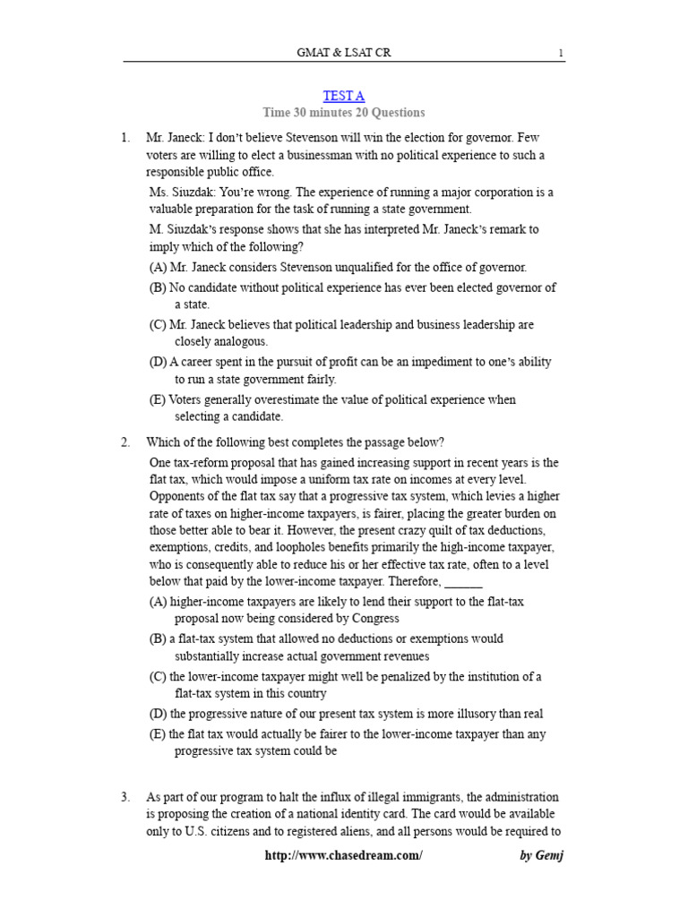 GMAT & LSAT Critical Reasoning Practice | PDF | Taxes | Flat Tax