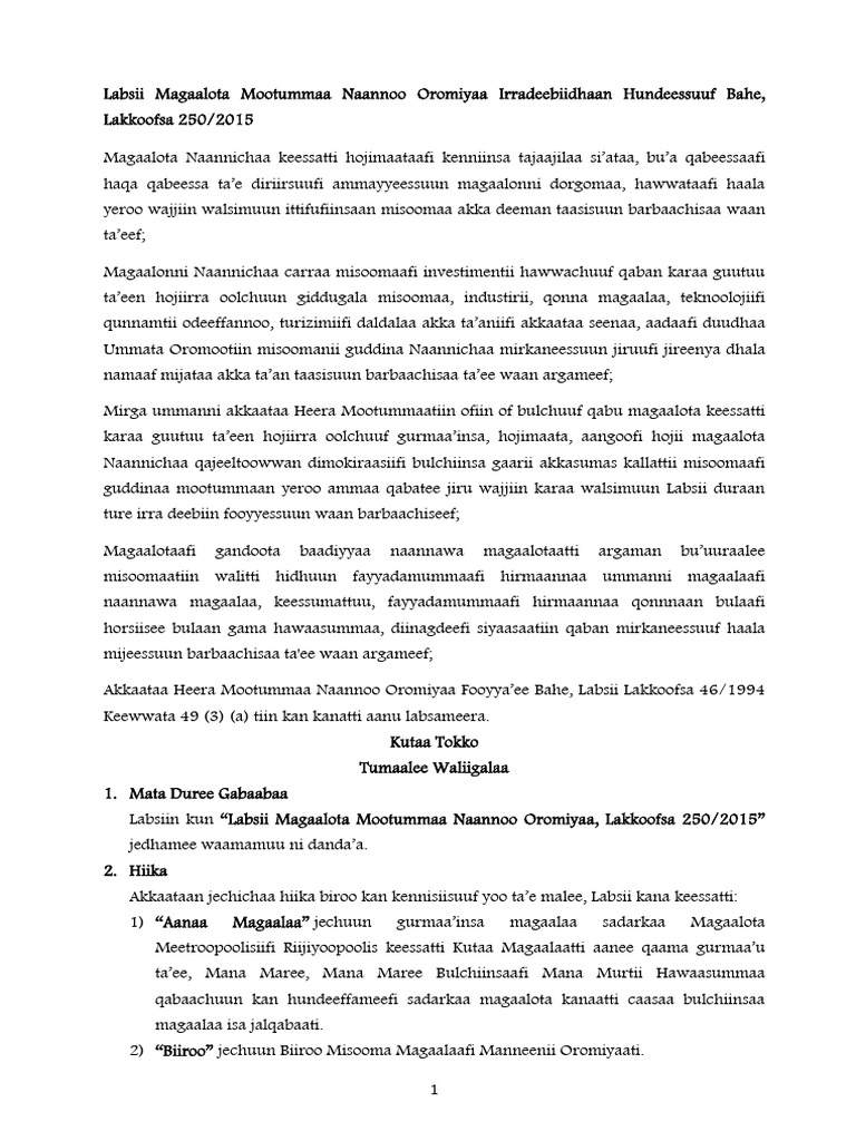 Labsii Lak. 250-2015 (Labsii Magaalota Naannoo Oromiyaa) | PDF