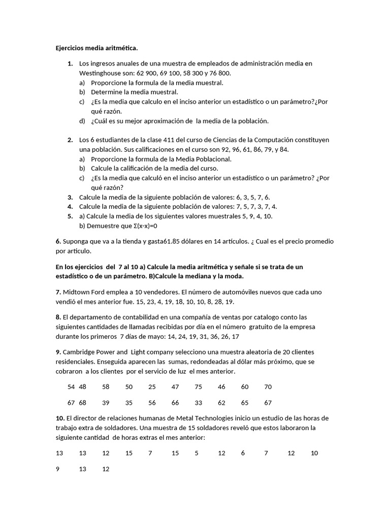 Ejercicios de Media Aritmética | PDF | Significado aritmetico