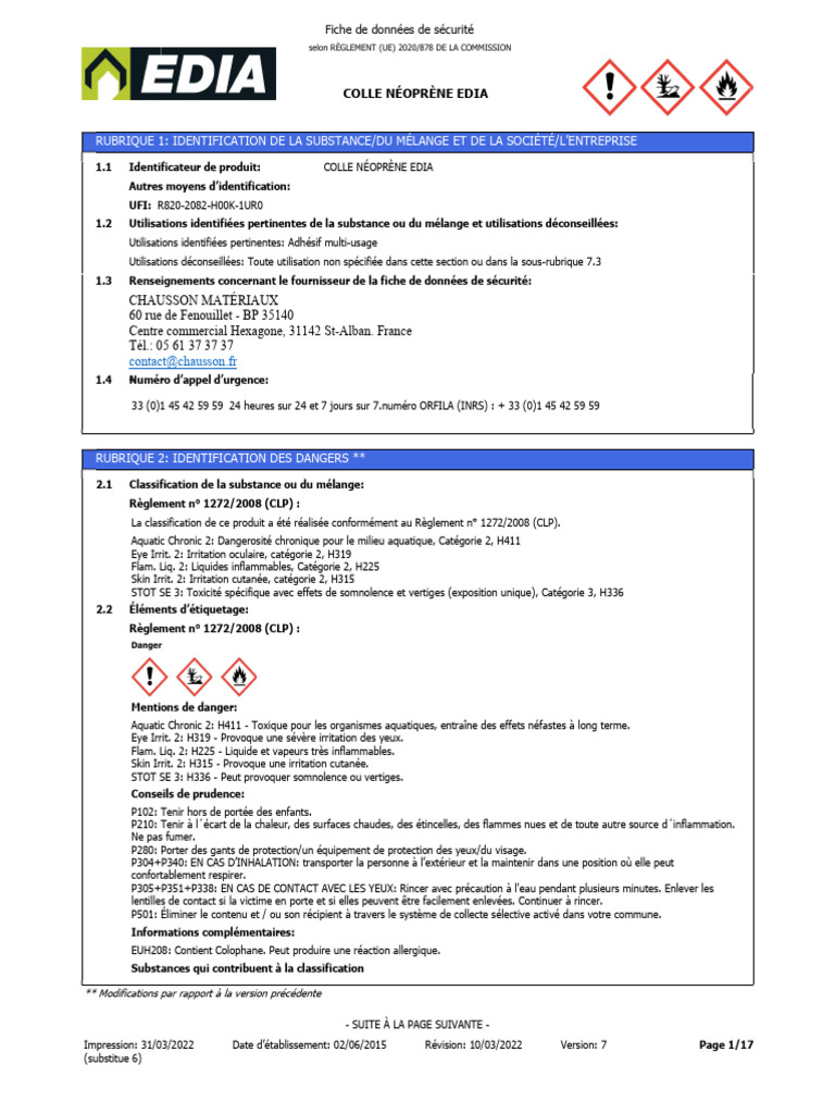 Fiche de sécurité Colle Néoprène Edia | PDF | Dioxyde de carbone ...