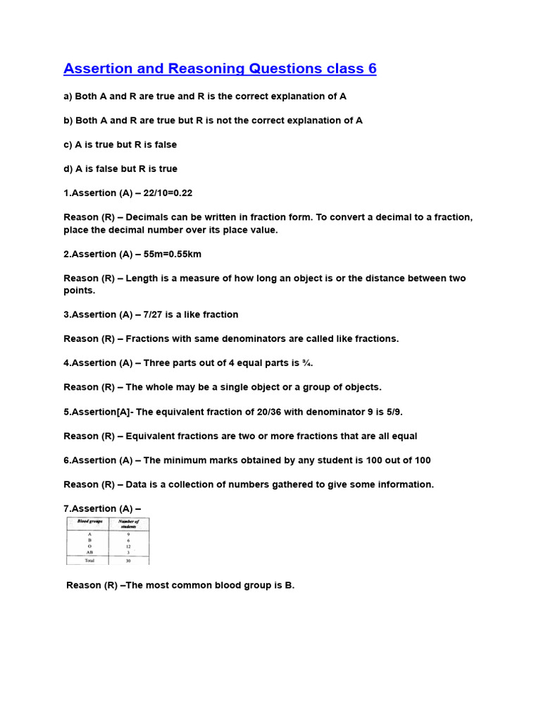 Photo inspiration: Visual Reference: Class 6 Assertion And Reasoning Questions Pdf Ratio