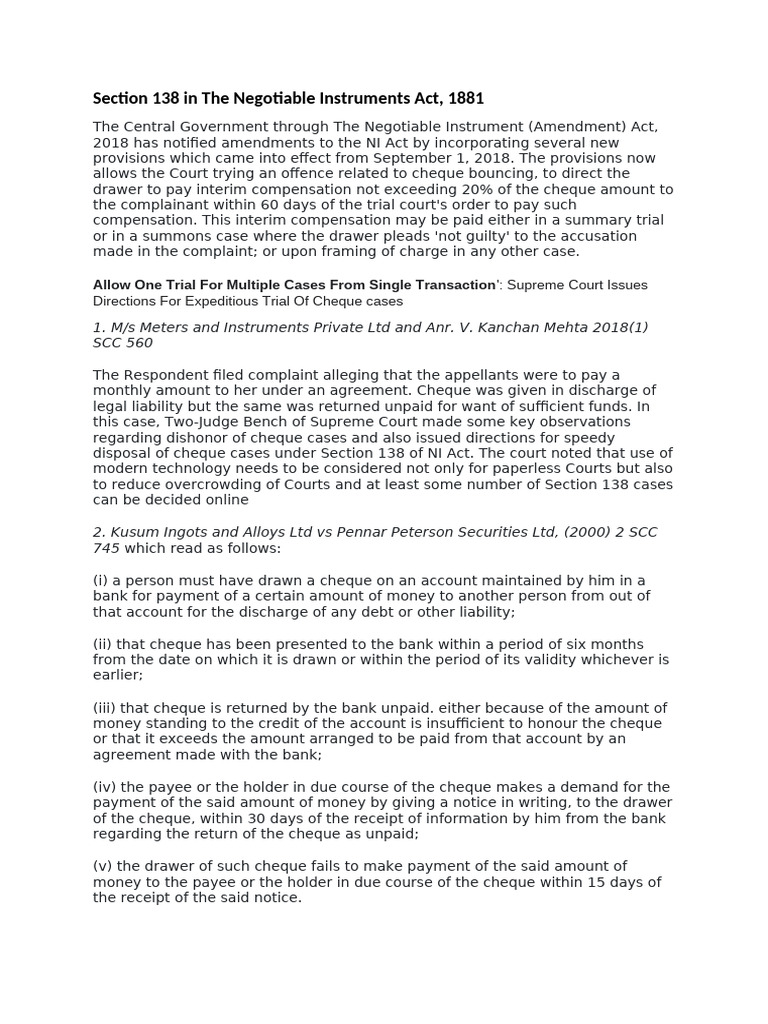 Amendments to Section 138 NI Act 1881 | PDF | Cheque | Negotiable ...