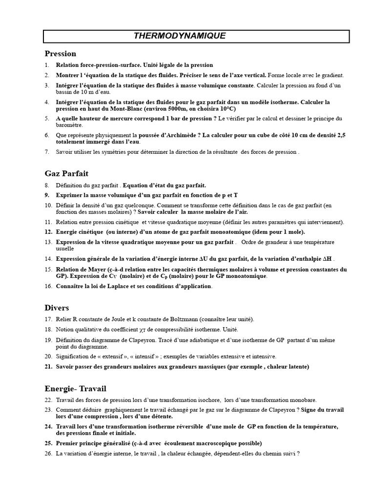 Concepts clés de thermodynamique | PDF | Pression | Capacité thermique