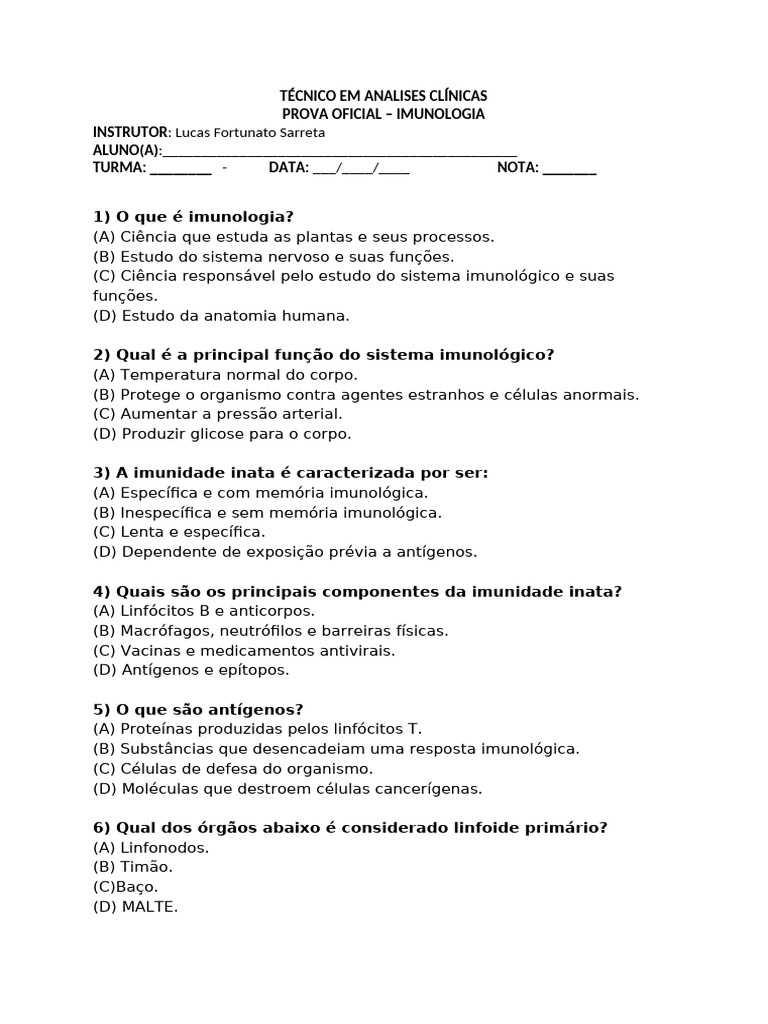 Prova de Imunologia para Análises Clínicas | PDF