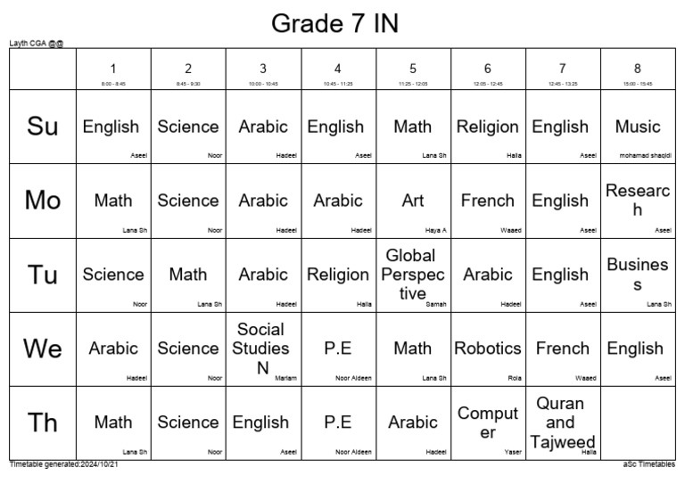 Grade 7 Timetable Overview 2024 | PDF